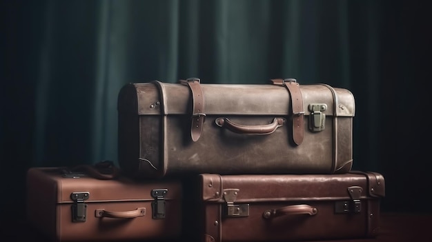 Una pila de maletas de cuero marrón con una que dice "la de abajo"