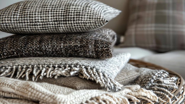 Una pila de mantas y almohadas suaves y acogedoras en colores neutrales la manera perfecta de agregar un toque de calor y comodidad a su hogar
