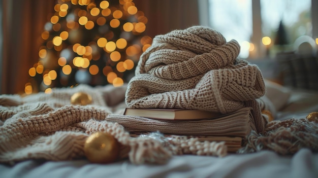 Una pila de mantas en la cama junto al árbol de Navidad