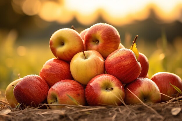 Foto pila de manzanas en el campo con fondo bokeh