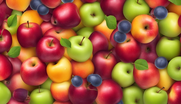 una pila de manzanas verdes y amarillas de diferentes colores