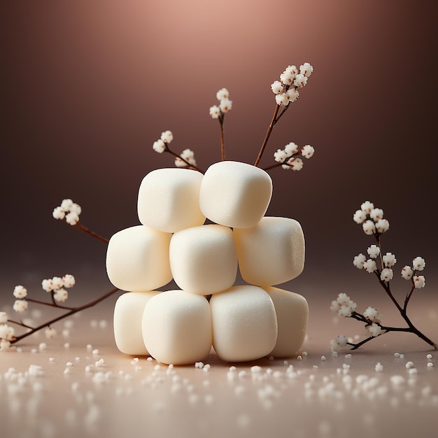 Foto una pila de marshmallows en la mesa cerca de la comida de navidad de fondo imagen generada por ia