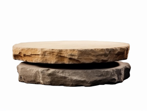 una pila de mesas redondas con una piedra encima.