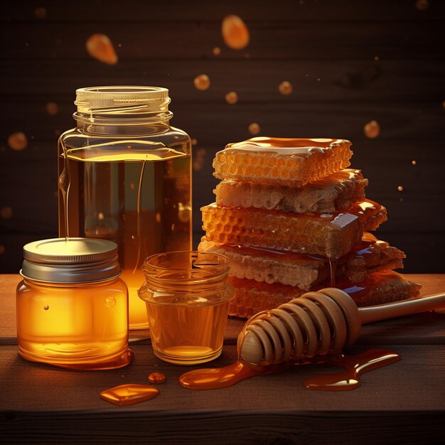 una pila de miel y miel en una mesa con una botella de miel