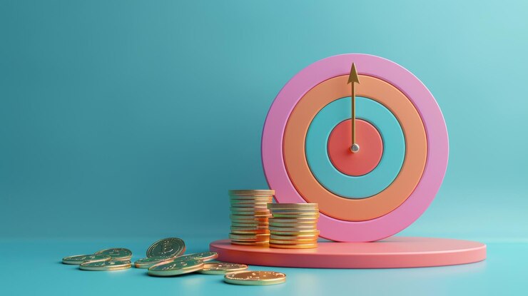 Una pila de monedas al lado de un objetivo colorido que simboliza objetivos financieros y logros