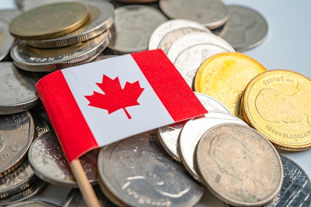 Una pila de monedas con la bandera de Canadá en fondo blanco