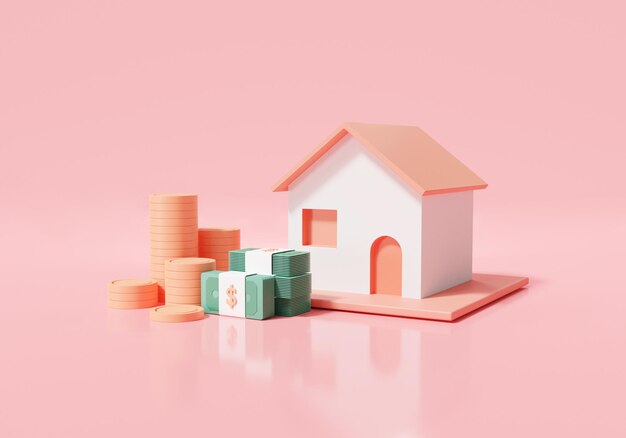 Pila de monedas Billetes y hogar sobre fondo rosa pastel Préstamos comerciales para el concepto de bienes raíces economía de finanzas residenciales inversión de propiedad del hogar Ahorro de dinero Ilustración de renderizado 3D