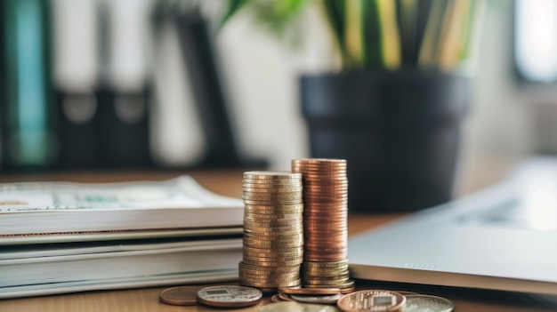 Una pila de monedas y billetes ordenadamente dispuestos en un escritorio que simbolizan el ahorro de riqueza y la estabilidad financiera