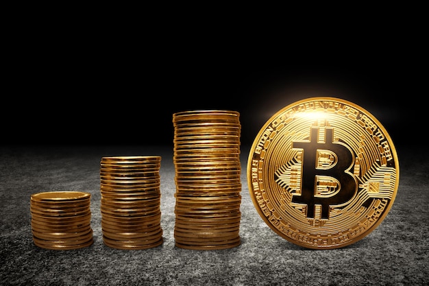 La pila de monedas y el bitcoin dorado