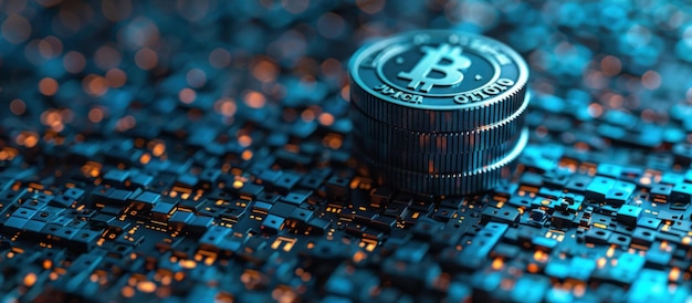 Una pila de monedas de Bitcoin en una placa de circuito