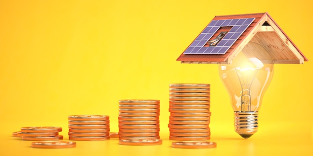 Pila de monedas y bombilla bajo un techo con paneles solares Dinero ahorrado mediante el uso de energía solar