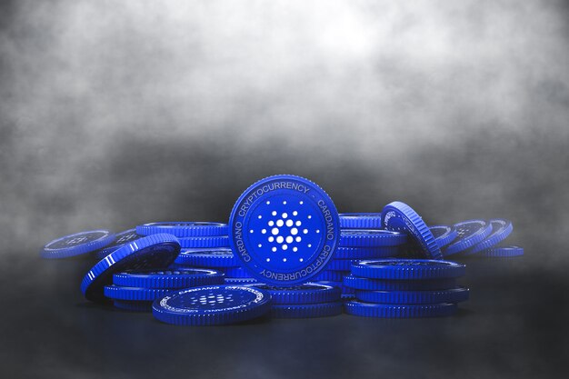 Foto pila de monedas de cardano azul (ada) en la tos fría. para el mercado de criptomonedas, promoción de intercambio de tokens. representación 3d