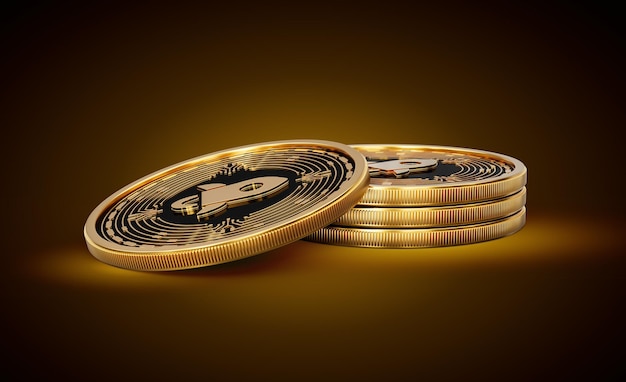 Una pila de monedas de criptomonedas estelares de luces estelares en un fondo de brillo dorado brillante Ilustración 3D