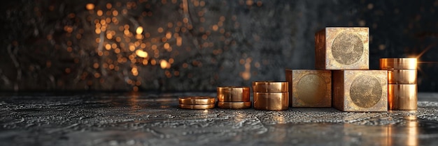 Una pila de monedas y cubos de oro de bajo a alto
