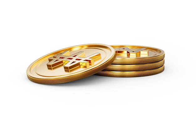 Una pila de monedas doradas coreanas de 3d, monedas redondeadas brillantes apiladas sobre un fondo blanco.