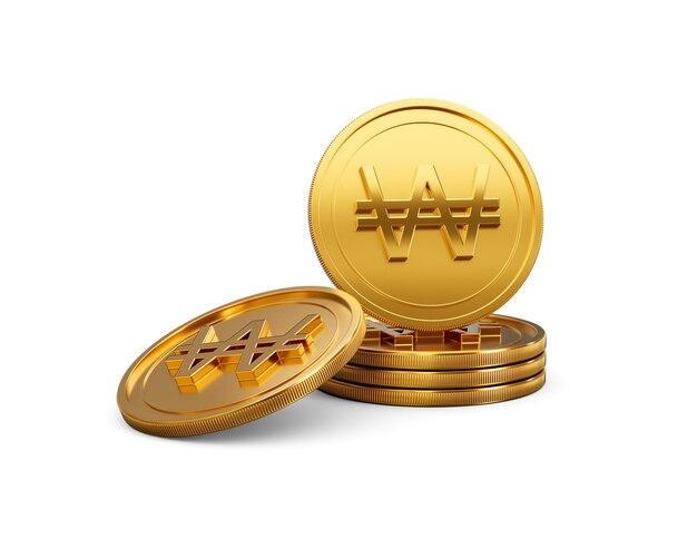 Una pila de monedas doradas coreanas de 3d, monedas redondeadas brillantes apiladas sobre un fondo blanco.