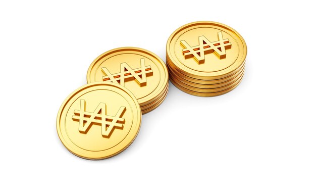 Una pila de monedas doradas coreanas de 3d, monedas redondeadas brillantes apiladas sobre un fondo blanco.