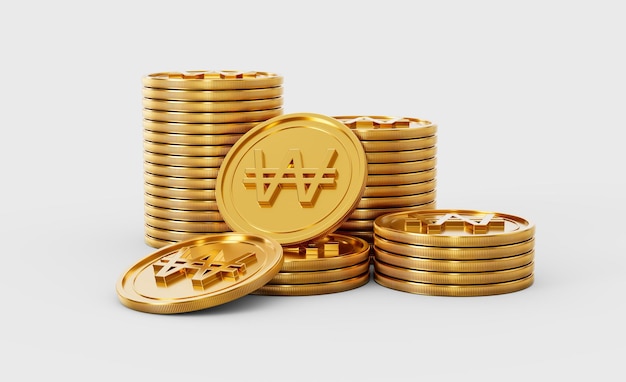Una pila de monedas doradas coreanas de 3d, monedas redondeadas brillantes apiladas sobre un fondo blanco.