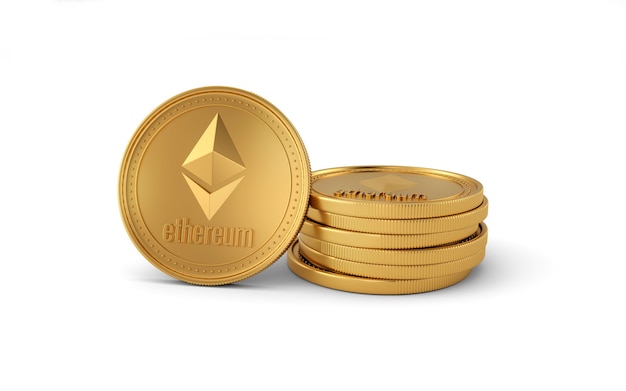 Pila de monedas Ethereum de oro aisladas sobre fondo blanco. Negocio de criptomonedas. blockchain, cambio de moneda digital.