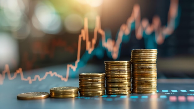 Pila de monedas con gráfico de crecimiento de gráfico hacia arriba Mercadeo empresarial
