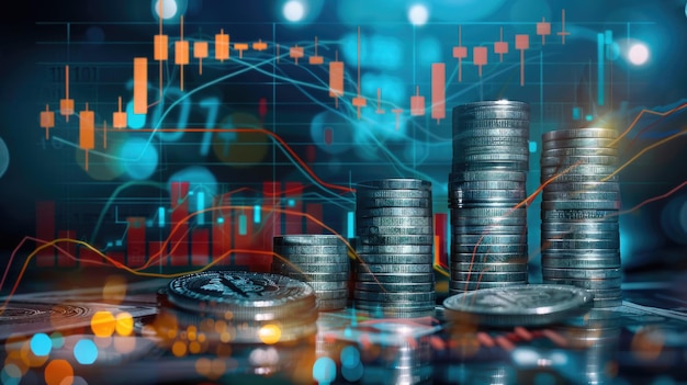 Pila de monedas con gráfico de crecimiento de gráfico hacia arriba Mercadeo empresarial