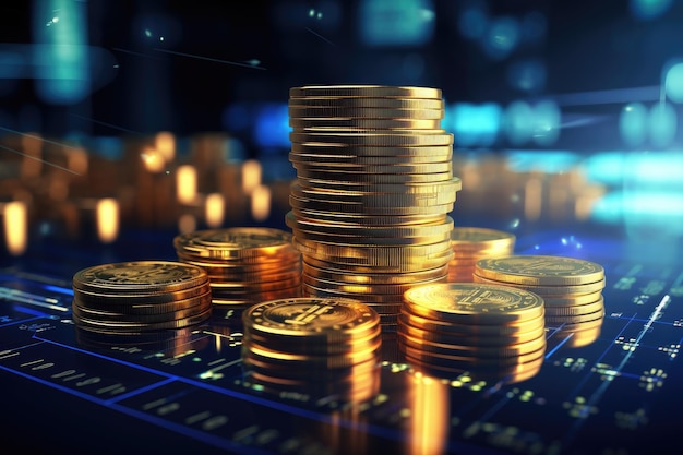 Pila de monedas con gráfico financiero y gráfico para el concepto de negocios e inversiones