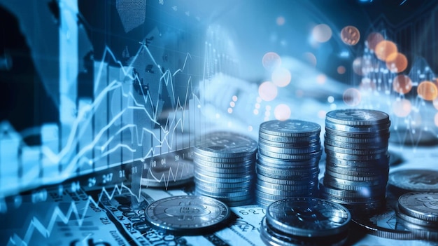 pila de monedas con gráfico financiero