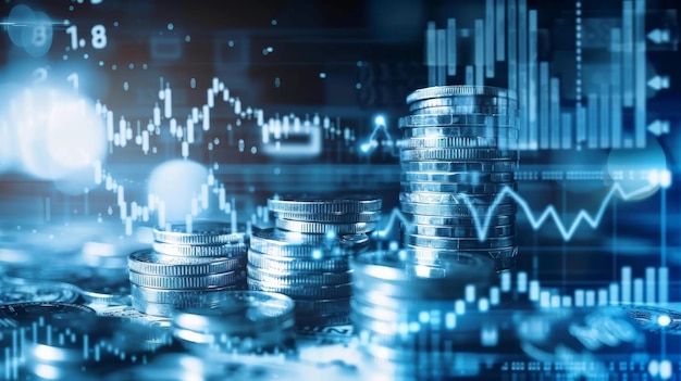 pila de monedas con gráfico financiero