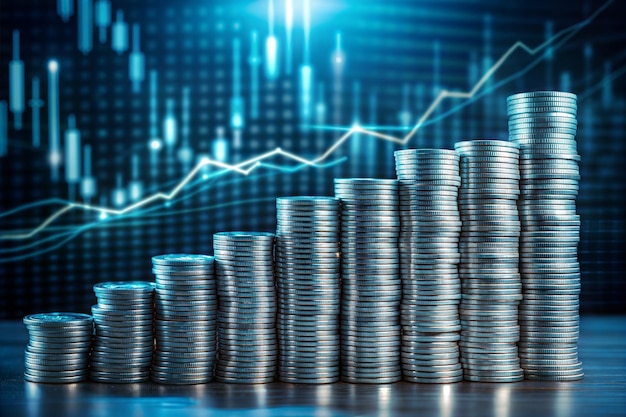 pila de monedas y gráfico con fondo de cielo azul negocio y concepto de crecimiento