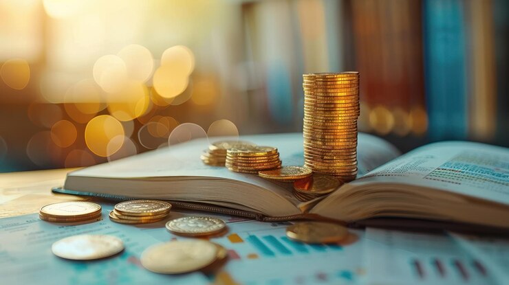 Una pila de monedas en un libro abierto con gráficos en el fondo que simbolizan el conocimiento financiero