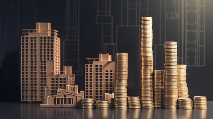 Pila de monedas con modelo de casa sobre fondo de paisaje urbano borroso Concepto de inversión inmobiliaria y inmobiliaria ai generativo