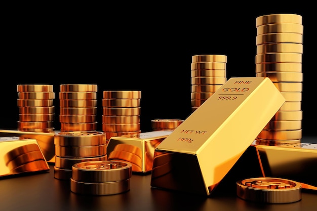 Pila de monedas de oro y barras de oro o lingotes de oro, concepto bancario y financiero, render 3d