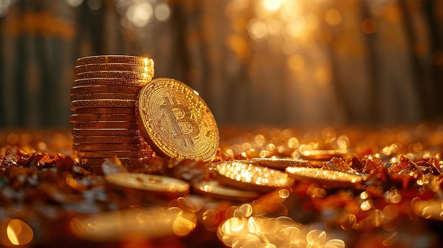 Una pila de monedas de oro bitcoin en un fondo oscuro dinero de fondo financiero