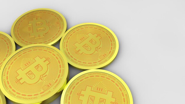 Una pila de monedas de oro de Bitcoin que se encuentran planas reflejando la luz en una superficie blanca plana