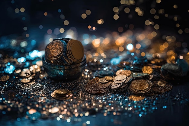 Pila de monedas de oro brillantes en una mesa de madera IA generativa