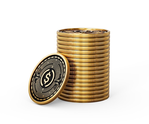 Pila de monedas de oro de criptomoneda USD USDC Monedas redondeadas Pila de fondo blanco Ilustración en 3D