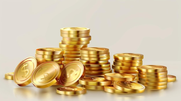 Una pila de monedas de oro de diferentes tamaños un montón de moneda de oro glamuroso una riqueza financiera un beneficio y un concepto de depósito un juego de iconos de tesoros