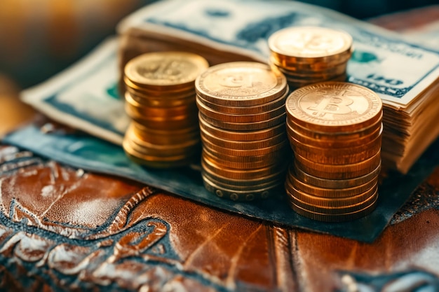 Foto una pila de monedas de oro y dinero encima de una billetera de cuero