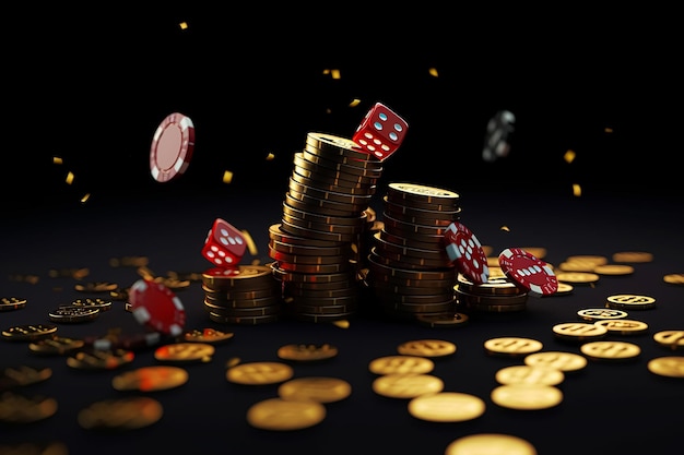 Una pila de monedas de oro y fichas de casino con las palabras casino en la parte superior.