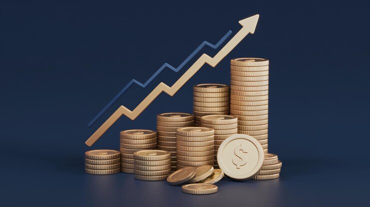 una pila de monedas de oro con un gráfico en la parte superior