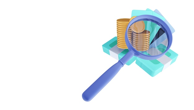 Pila de monedas de oro y lupa, ilustración de renderizado 3d