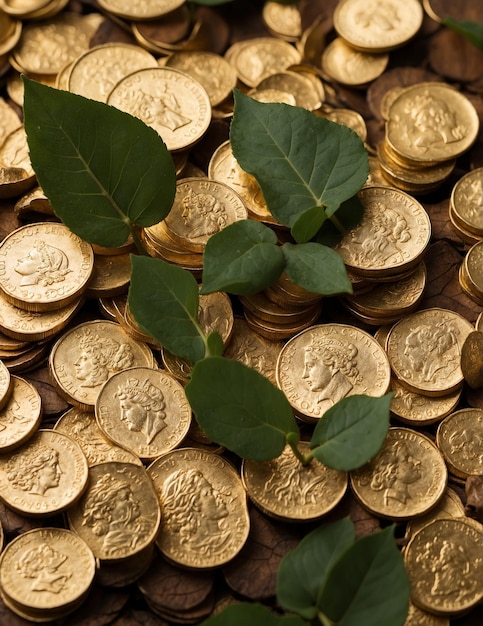 Foto una pila de monedas de oro de la que crece una pequeña hoja verde