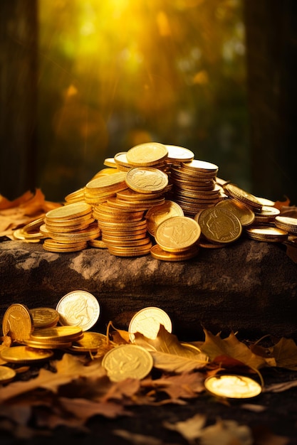 Una pila de monedas de oro sentada encima de una pila de hojas IA generativa