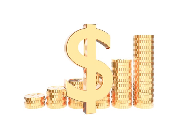 Pila de monedas de oro sobre fondo blanco., Concepto de ahorro e inversión de dinero e ideas de ahorro y crecimiento financiero. Modelo 3d e ilustración.