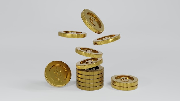 Pila de monedas de oro sobre fondo blanco con concepto de ganancia de ganancias Monedas de oro o moneda de renderizado 3D de negocios