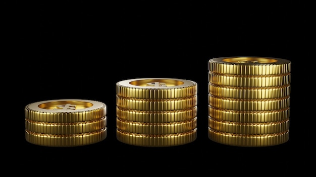 Pila de monedas de oro sobre fondo negro con concepto de ganancia de ganancias Monedas de oro o moneda de representación 3D de negocios