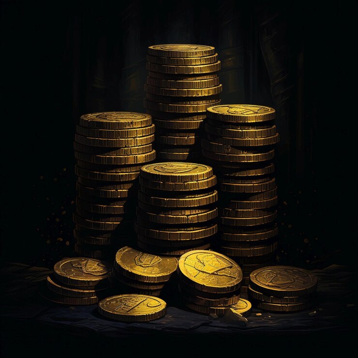 Foto una pila de monedas de oro sobre un fondo negro