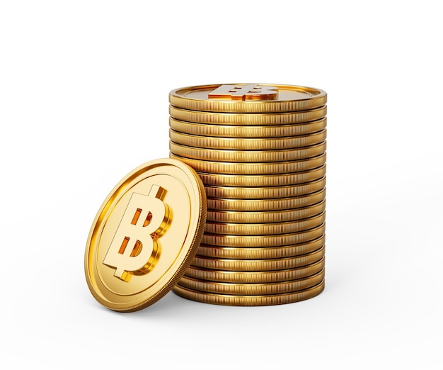 Una pila de monedas de oro de Tailandia de 3d Monedas redondeadas brillantes apiladas sobre un fondo blanco Ilustración de 3d