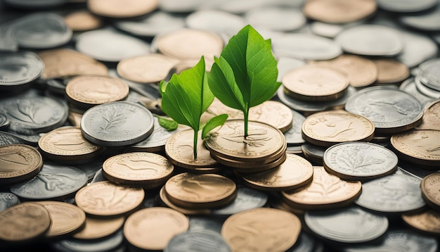 Foto una pila de monedas con una planta creciendo fuera de ella