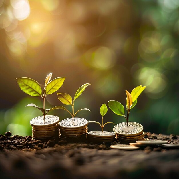 Foto una pila de monedas con una planta creciendo fuera de ella